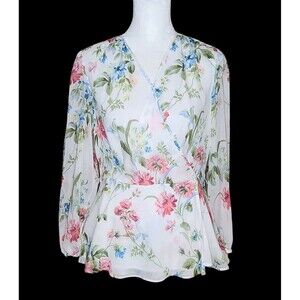 Ann Taylor Floral Print Wrap Peplum Blouse Women's 2P V-Neck White Pink